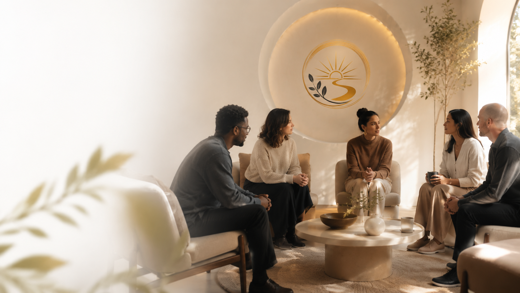 A warm circle of people gathered together in soft light.