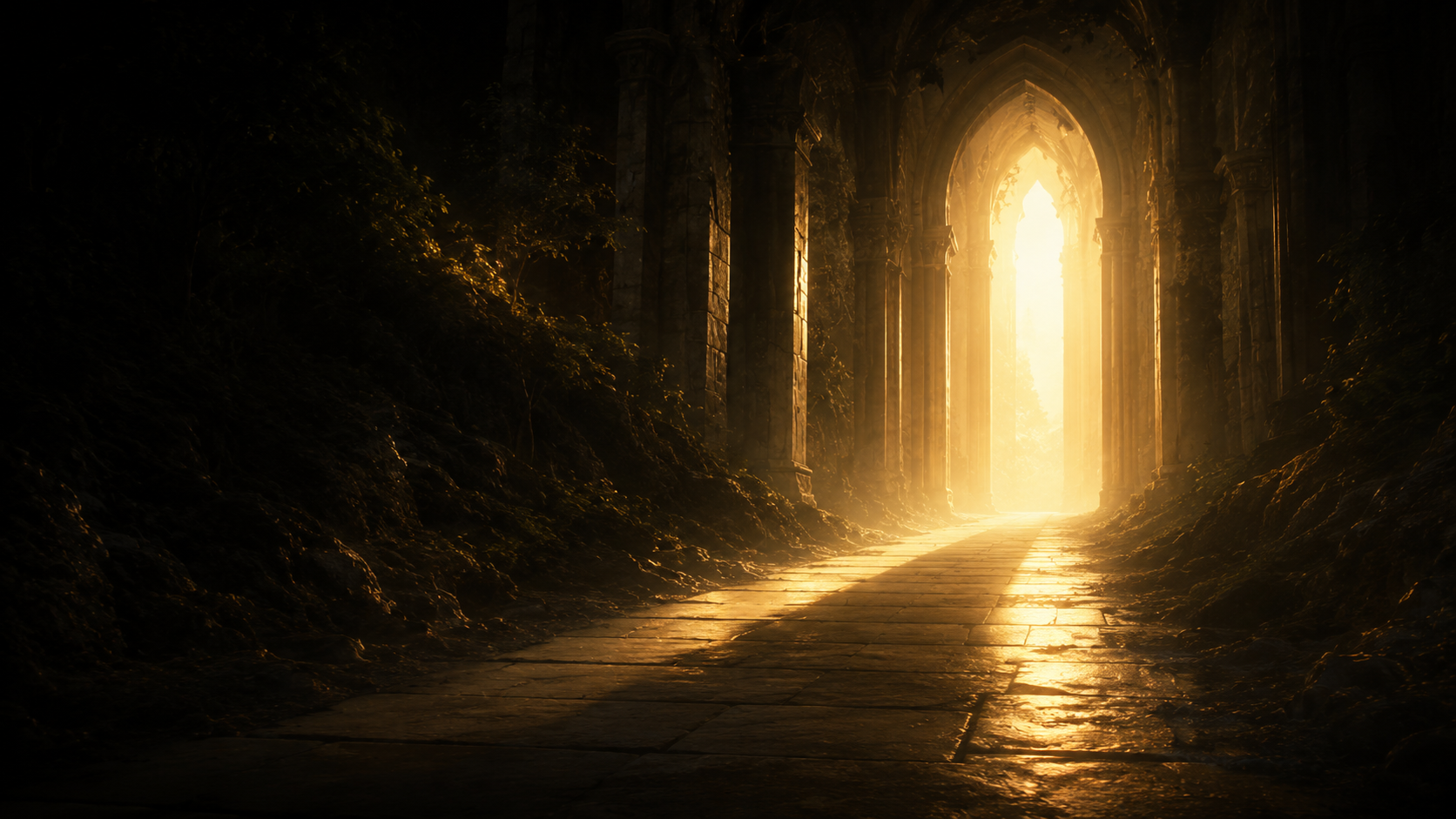 A glowing archway opening into golden light
