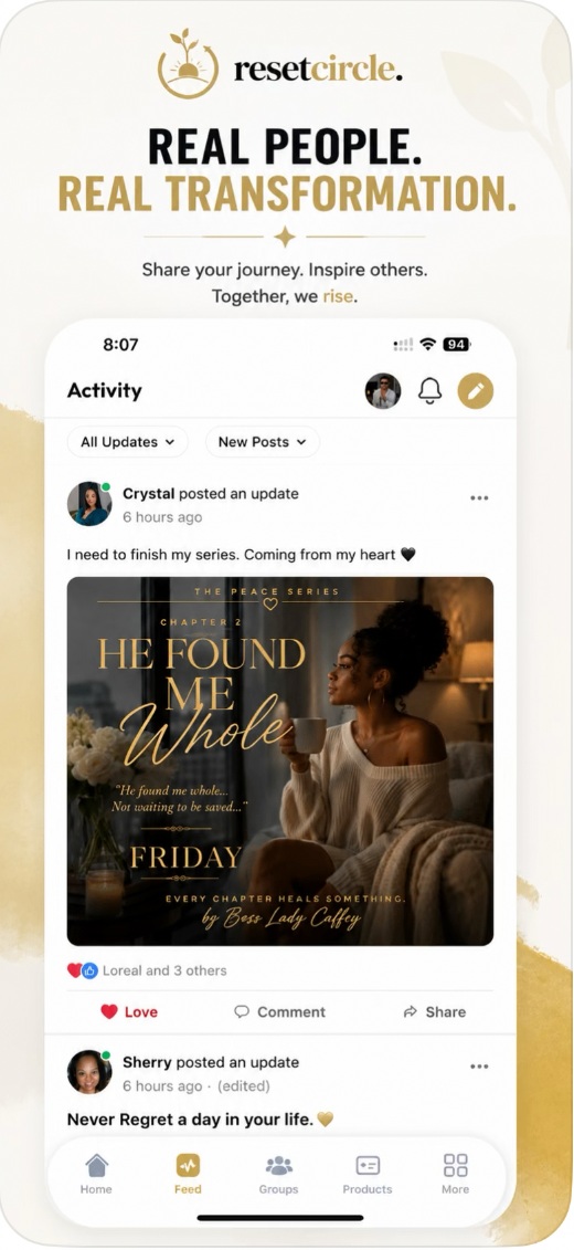 The Reset Circle app activity feed showing community updates.